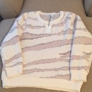 Barefoot Dreams Cozychic Seaside Crewneck Pullover in Cream Zebra Size Large NWT